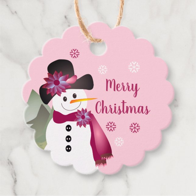 Pink Extravagante Schneemann-Papiermarken Geschenkanhänger (Vorderseite)