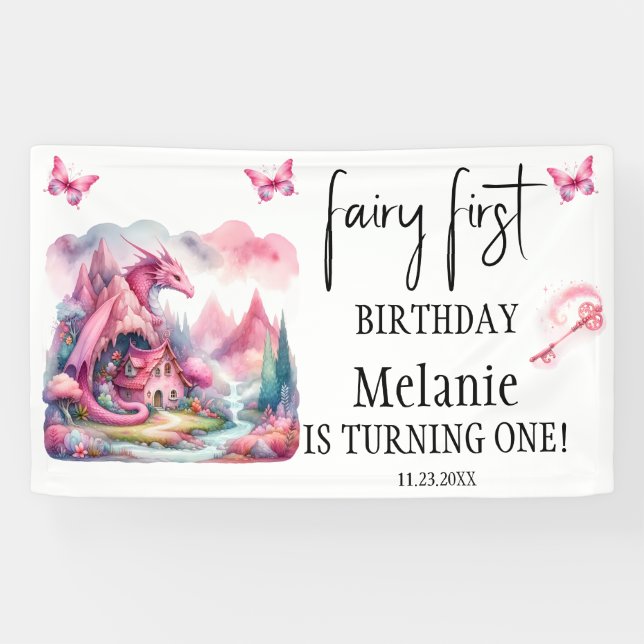 Pink Fairy House Pink Dragon Erster Geburtstag Banner (Horizontal)
