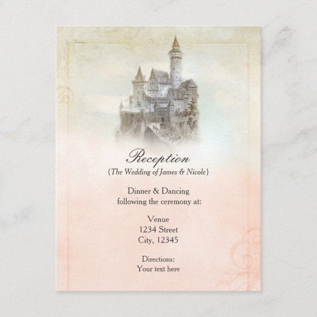 Pink Fairy Tale Storybook Burg Hochzeitsempfang Begleitkarte (Vorderseite)