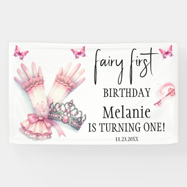 Pink Fairy Tiara Pink Schmetterlinge Erster Geburt Banner (Horizontal)