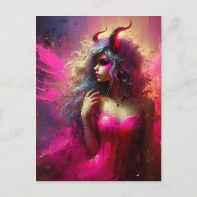 Pink Fairy with Horns Fantasy Art Postkarte (Vorderseite)