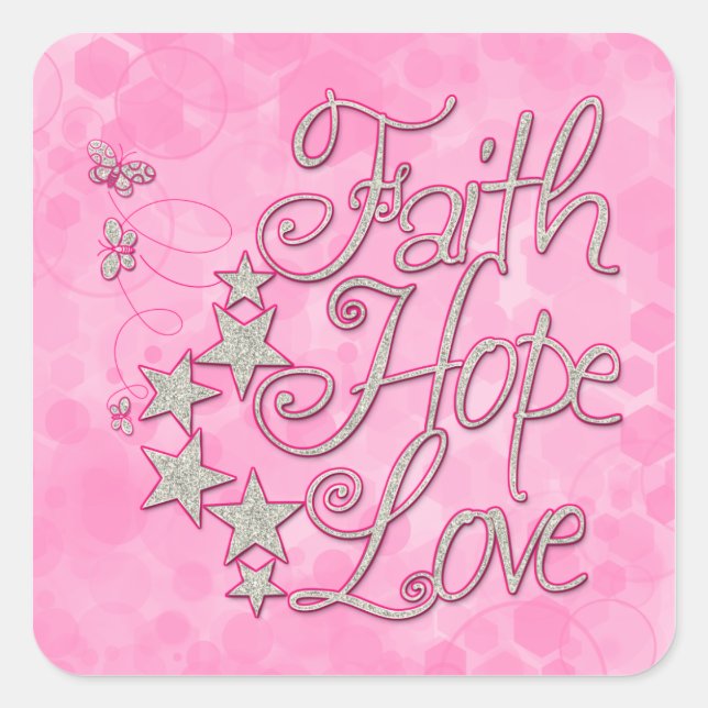Pink Faith Hope Liebe Butterflies Stars Tugenden Quadratischer Aufkleber (Vorderseite)
