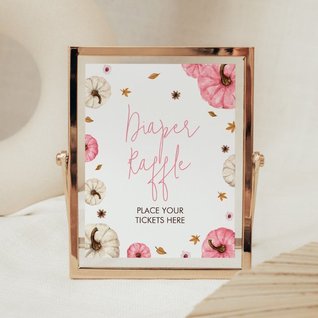 Pink Fall Kleiner Pumpkin Baby Dusche Windel Raffl Poster (Girl Fall Pumpkin Baby Shower Diaper Raffle Sign)