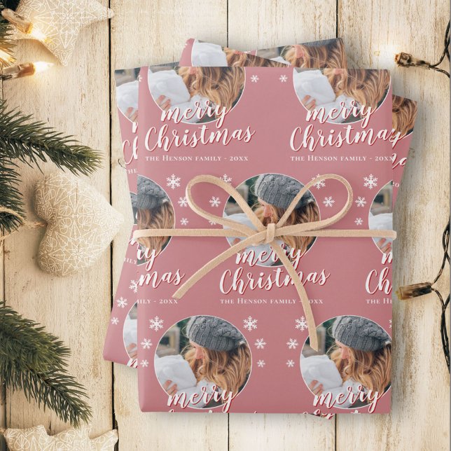 Pink Family Foto Snowflake Frohe Weihnachten Geschenkpapier Set (Von Creator hochgeladen)