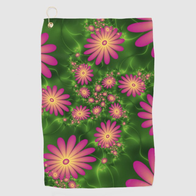 Pink Fantasy Blume Moderne Abstrakte Fraktal Kunst Golfhandtuch (Vorderseite)