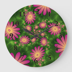 Pink Fantasy Blume Moderne Abstrakte Fraktal Kunst Große Wanduhr