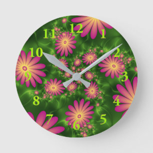Pink Fantasy Blume Moderne Abstrakte Fraktal Kunst Runde Wanduhr