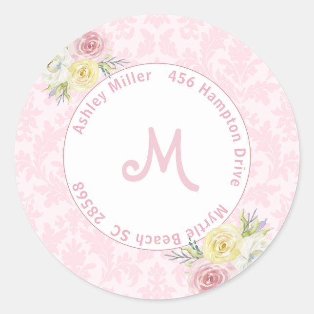 Pink-farbige Blume mit individueller Adresse Runder Aufkleber (Vorderseite)