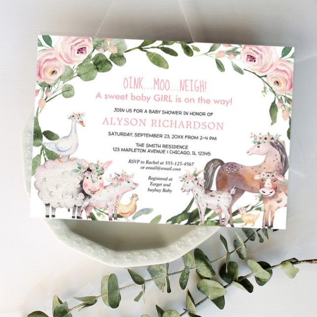 Pink Farm animal floral Barnyard Mädchen Babydusch Einladung (Von Creator hochgeladen)