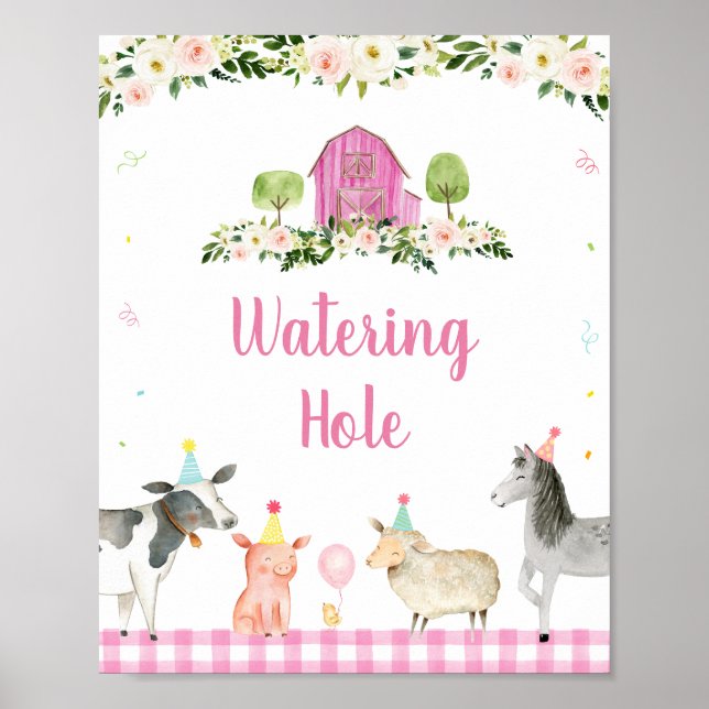 Pink Farm Animal Watering Hole Birthday Sign Poster (Vorne)