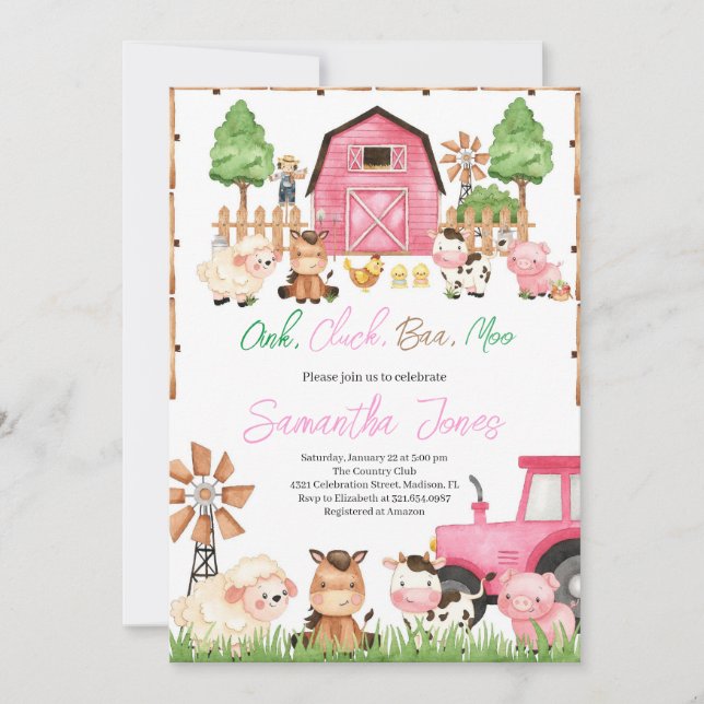 Pink Farm Animals Baby Dusche Einladung (Vorderseite)