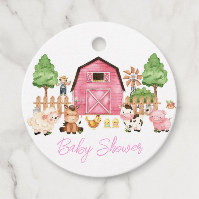 Pink Farm Animals Baby Dusche Geschenkanhänger (Vorderseite)