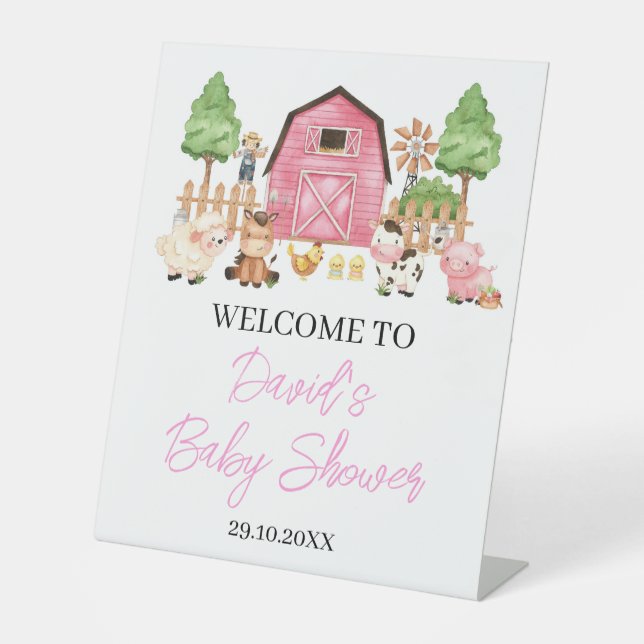 Pink Farm Animals Baby Dusche Sockelschild (Vorderseite)