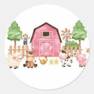 Pink Farm Animals Geburtstagsparty Runder Aufkleber