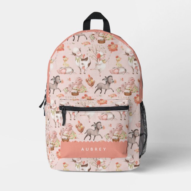Pink Farm Animals Pattern Girl Bedruckter Rucksack (Vorderseite)
