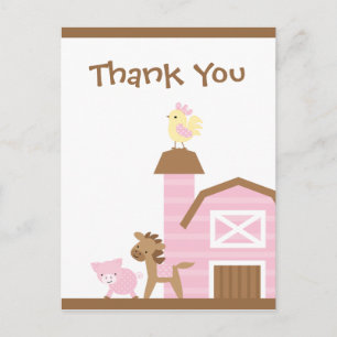 Pink farm animaux fille merci carte postale