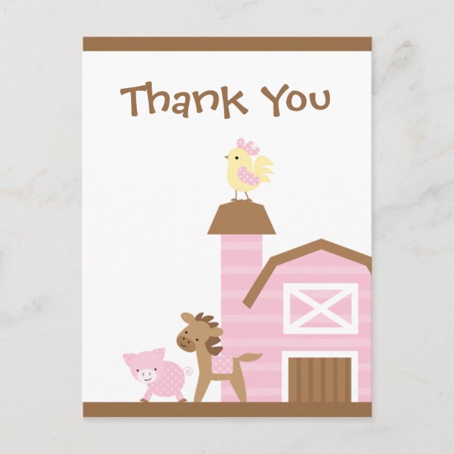 Pink farm animaux fille merci carte postale (Devant)