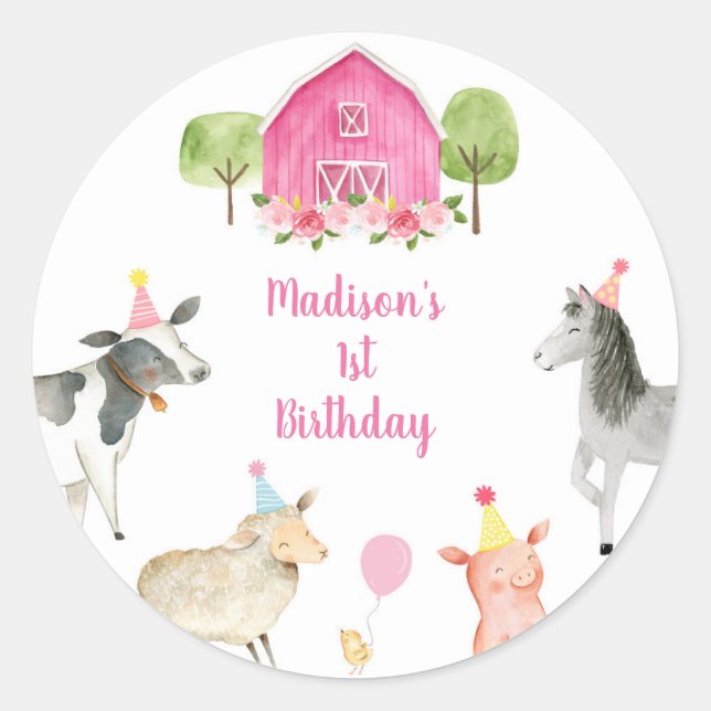 Pink Farm Barnyard Geburtstag Runder Aufkleber (Vorderseite)