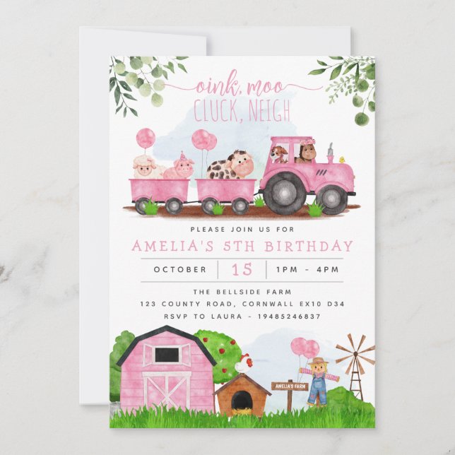 Pink Farm Barnyard Tiere Geburtstag Einladung (Vorderseite)