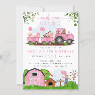 Pink Farm Barnyard Tiere Geburtstag Einladung