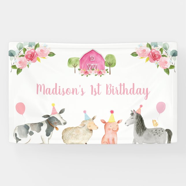 Pink Farm Barnyj Floral Geburtstag Banner (Horizontal)