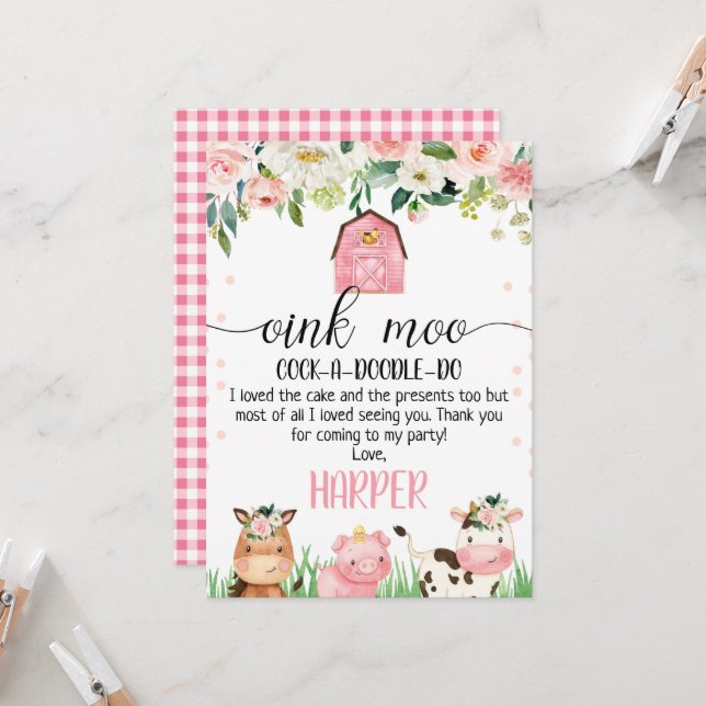 Pink Farm Birthday Danke Karte (Vorderseite/Rückseite Beispiel)