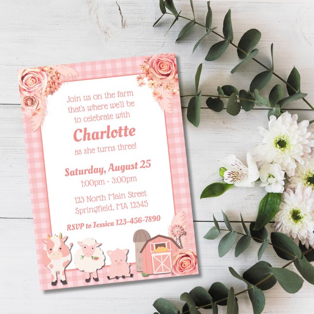 Pink Farm Birthday Einladung Pink Floral Tiere (Von Creator hochgeladen)