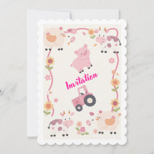 Pink Farm Birthday Invitation Template, Editable G
