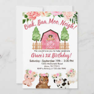 Pink Farm Floral Barnyard 1. Geburtstag Einladung