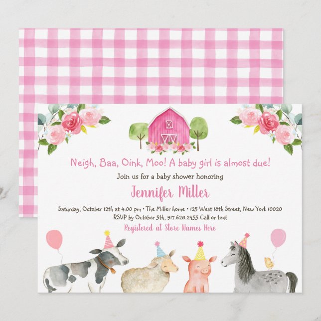 Pink Farm Floral Barnyard Baby Dusche Einladung (Vorne/Hinten)