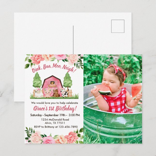 Pink Farm Foto 1. Geburtstag Einladung Postkarte (Vorne/Hinten)