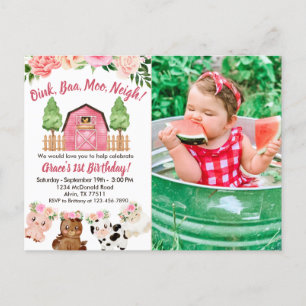 Pink Farm/Grange 1er Anniversaire Photo Invitation