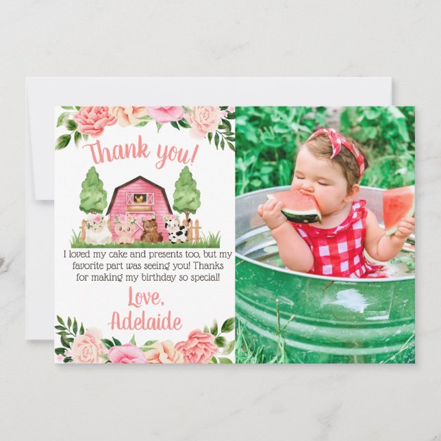 Pink Farm Photo 1er anniversaire Carte de remercie (Devant)