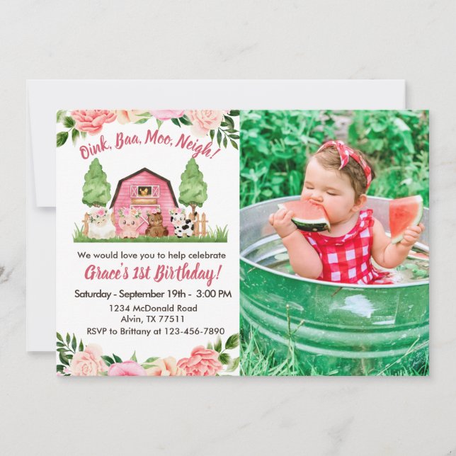Pink Farm Photo 1er Anniversaire Invitation (Devant)