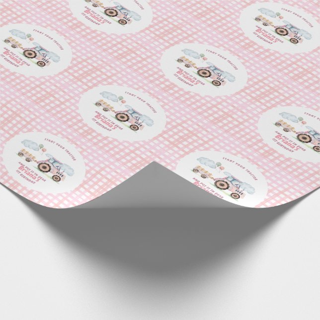 Pink Farm Tractor Girl Any Age Birthday Geschenkpapier (Ecke)