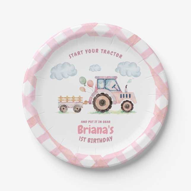 Pink Farm Tractor Girl Any Age Birthday Pappteller (Vorderseite)