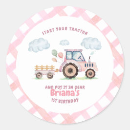 Pink Farm Tractor Girl Any Age Birthday Runder Aufkleber