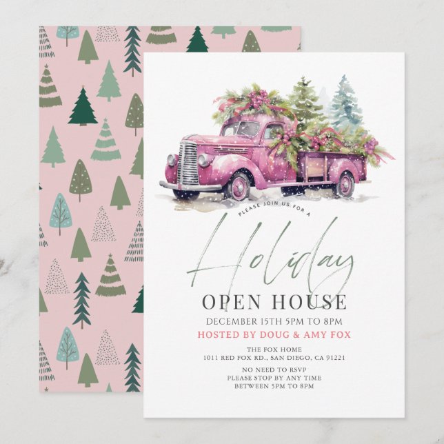 Pink Farm Truck Christmas Holiday Open House Einladung (Vorne/Hinten)
