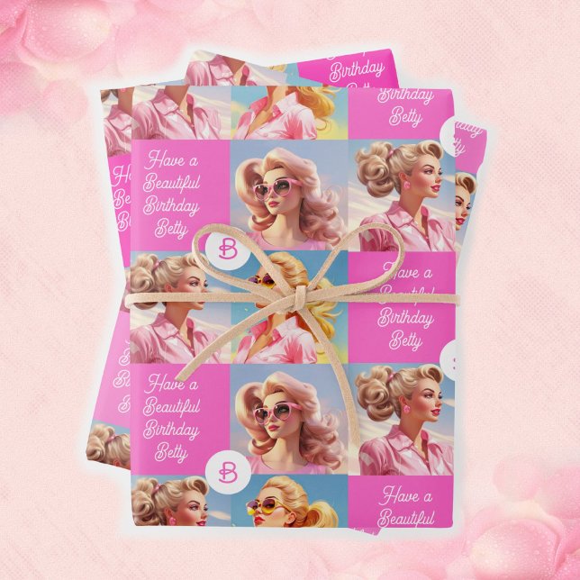 Pink Fashion Personalize Girl's Name Birthday Geschenkpapier Set (Von Creator hochgeladen)