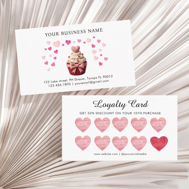 Pink Faux Crochet Heart Cupcake Bakery  Treuekarte (Pink and red Faux crochet valentine cupcakes bakery loyalty card)