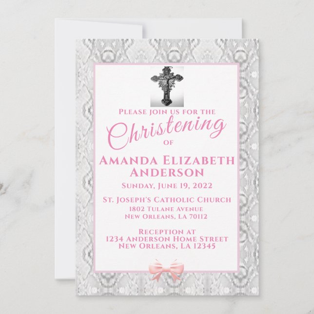 Pink Faux Lace Baptême / Invitation Christening (Devant)