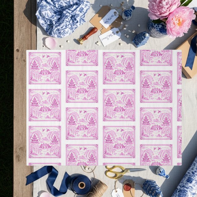 Pink faux porcelain Chinoiserie Willow Tile Seidenpapier (Pink faux porcelain Chinoiserie Willow Tile Tissue Paper)
