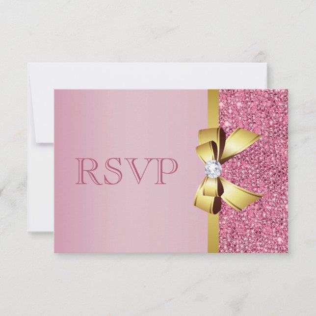 Pink Faux Sequins Gold Bow & Diamant RSVP (Devant)