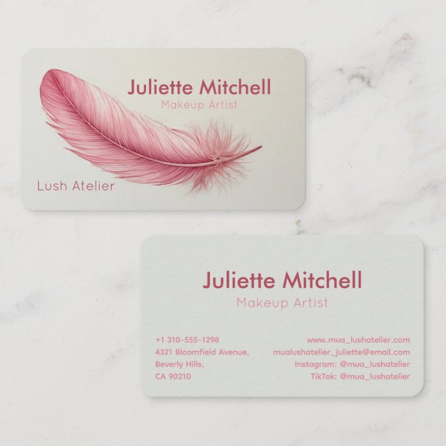 Pink Feather Minimalist Makeup Artist Visitenkarte (Vorne/Hinten)
