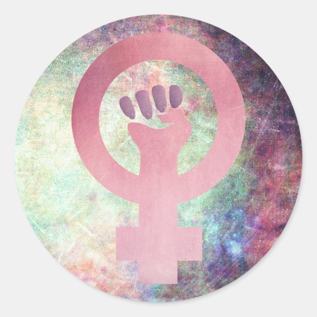 Pink Feminist Symbol auf mehrfarbiger Grunge Textu Runder Aufkleber (Vorderseite)