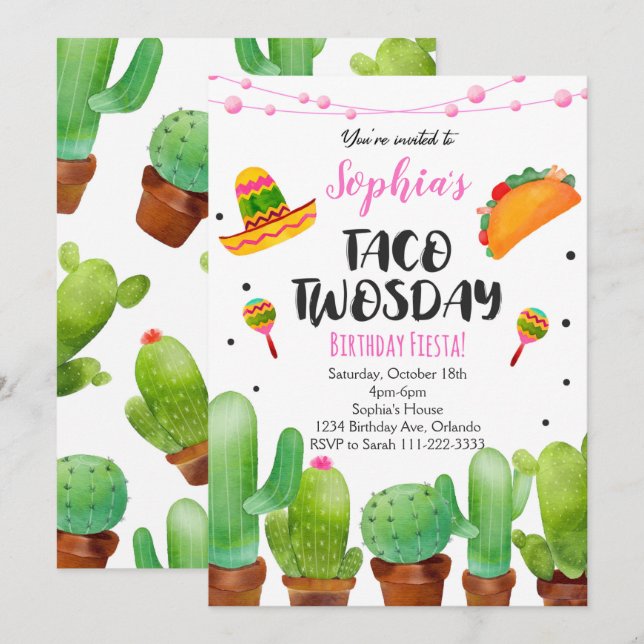 Pink Fiesta Taco Twosday Watercolor Cactus Invite Einladung (Vorne/Hinten)