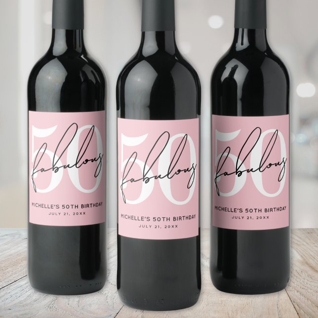 Pink Fifty 50. Geburtstag Weinetikett (Fifty And Fabulous Blush Pink 50th Birthday Wine Label )