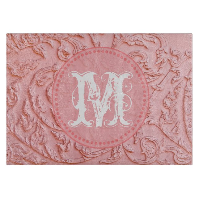 Pink Filigree Holz Monogram Glas Cutting Board Schneidebrett (Vorderseite)