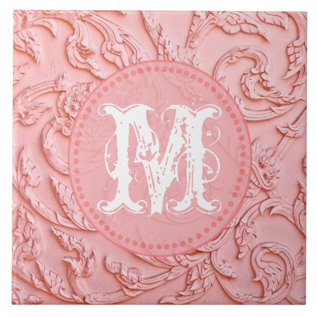 Pink Filigree HolzCarving Monogram Display Tile Fliese (Vorderseite)