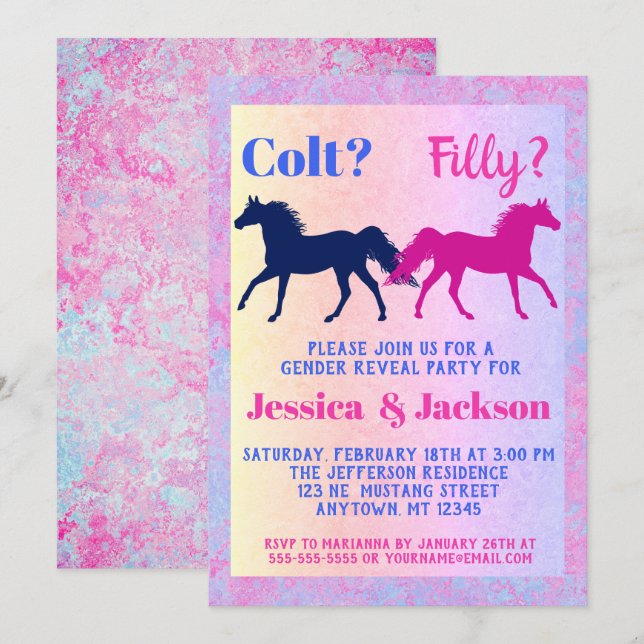 Pink Filly & Blue Colt Western Style Gender Reveal Einladung (Vorne/Hinten)